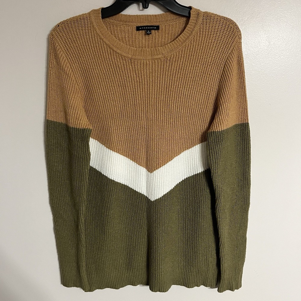 Staccato Womens Ribbed Colorblock Chevron Sweater Tan Olive Green Small